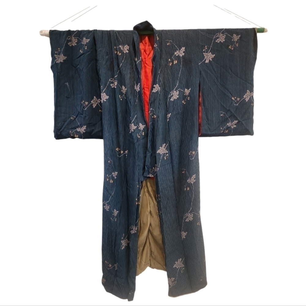 Japanese Blue Floral Striped Meisen Lined Silk Kimono Handmade